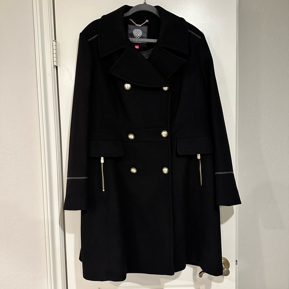 Vince Camuto Double breasted military style gold button wool coat